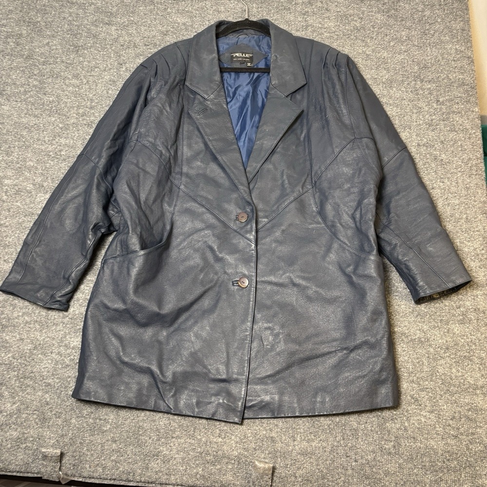 Pelle Leather Jacket Women L Blue Vintage Longline Blazer Coat Seam Detail